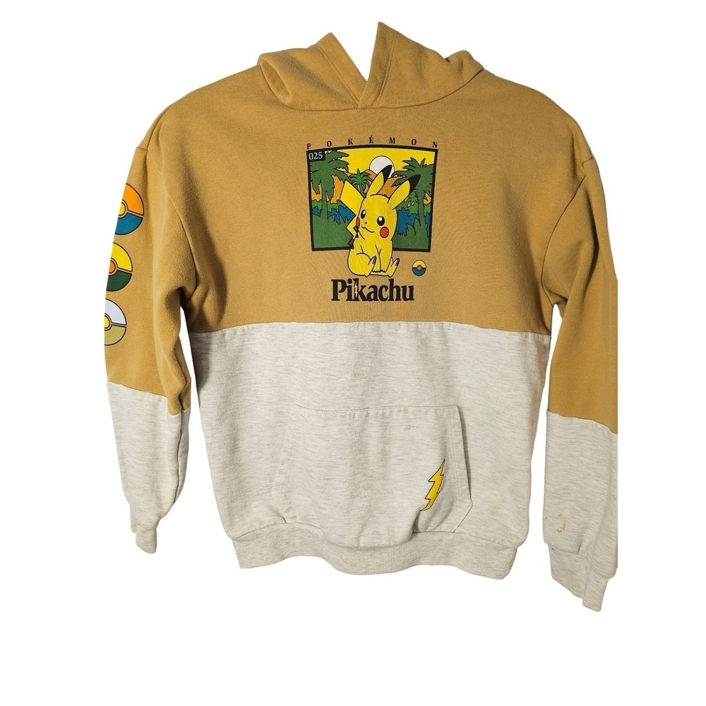 Pokemon Pikachu Hoodie Mustard Yellow Gray Colorblock Poke Balls Boys XL Kids